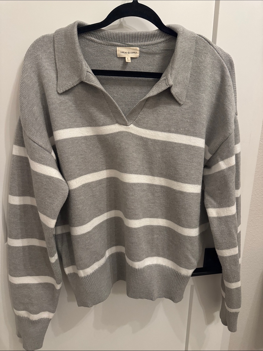 Thread & Supply Gray and White Striped V-Neck Polo Sweater